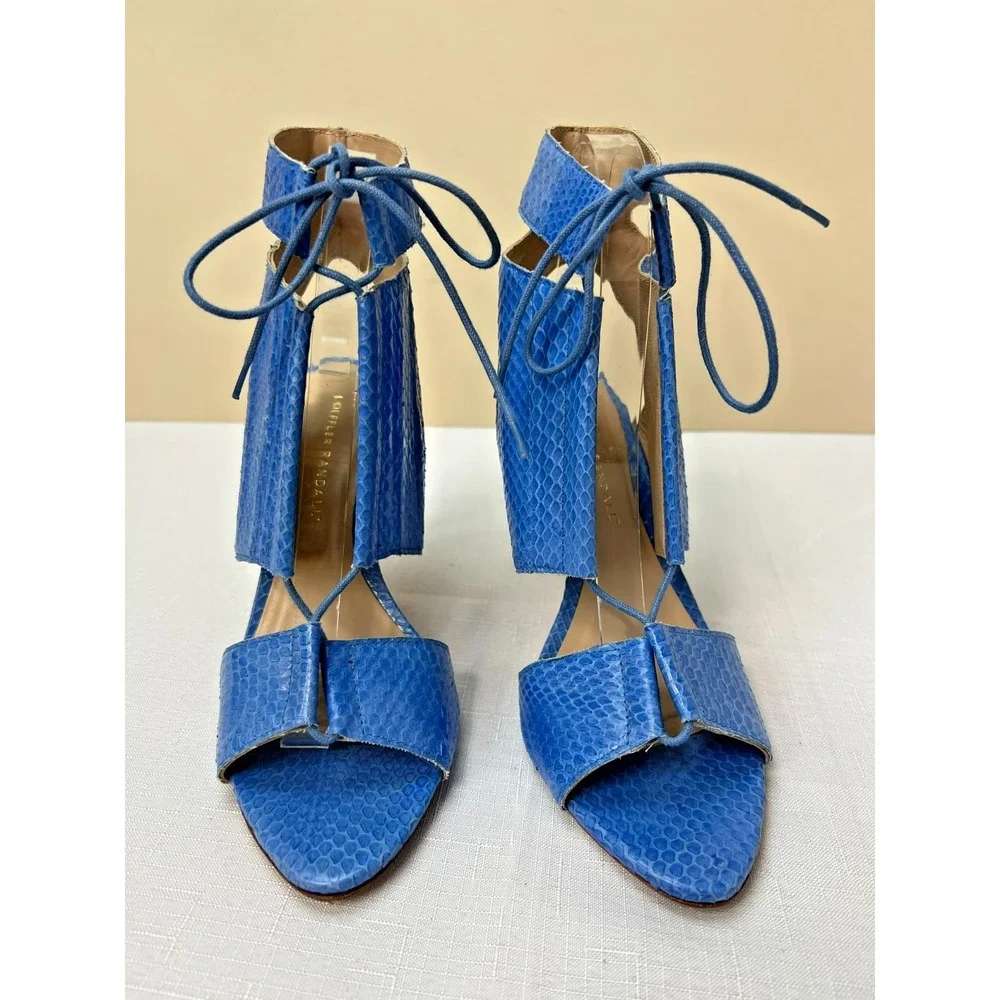 Loeffler Randall Ankle Cutout Sandals Blue‎ Reptile Lace Up Stiletto Heel SZ 8